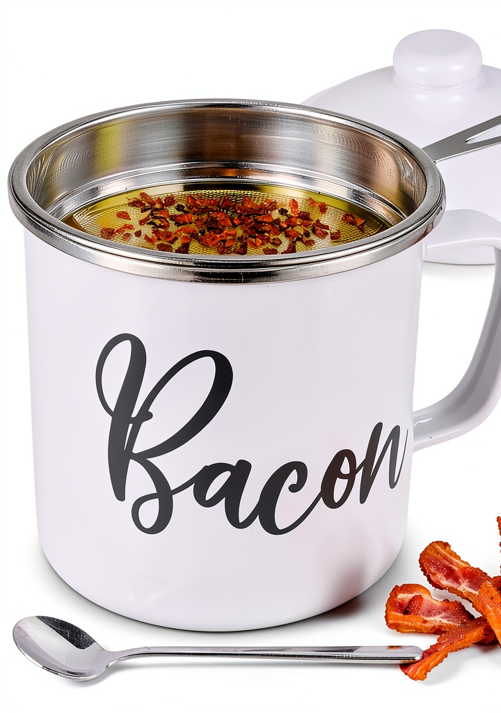 Fondpen Bacon Grease Container with strainer and spoon on a kitchen counter